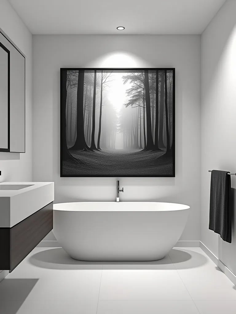 Minimalist bathroom with forest photograph
