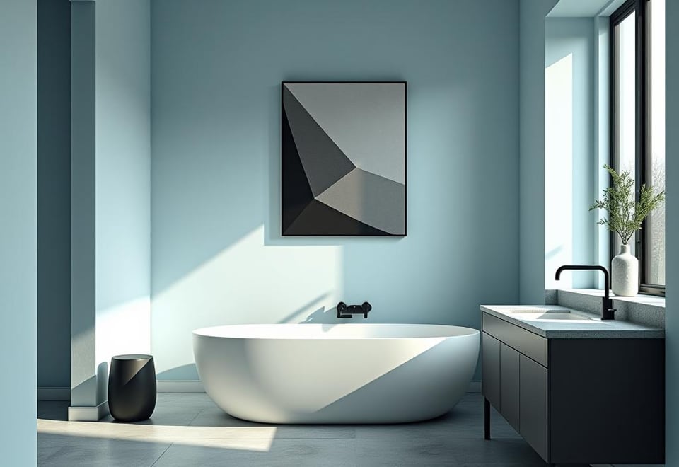 Minimalist bathroom with geometric wall art