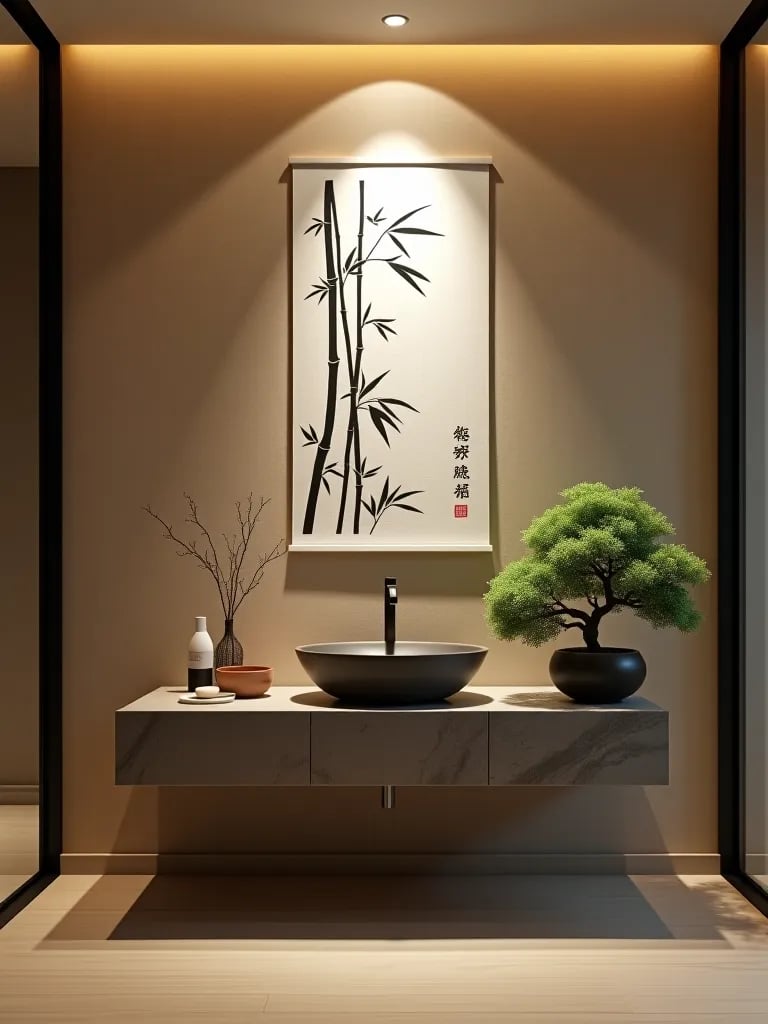 Minimalist bathroom with impactful ink brush art