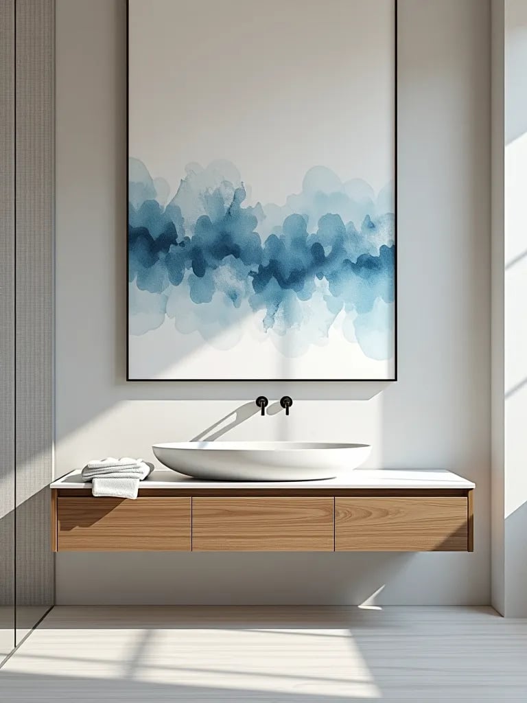 Minimalist bathroom with large abstract watercolor art