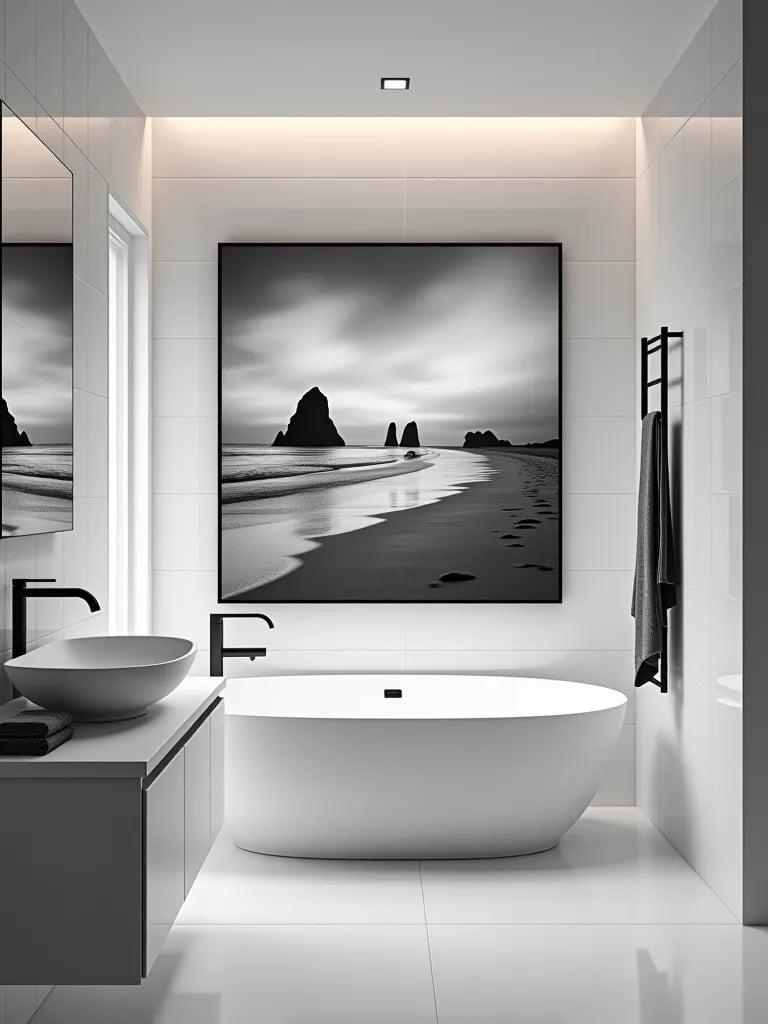 Minimalist bathroom with nature inspired wall art