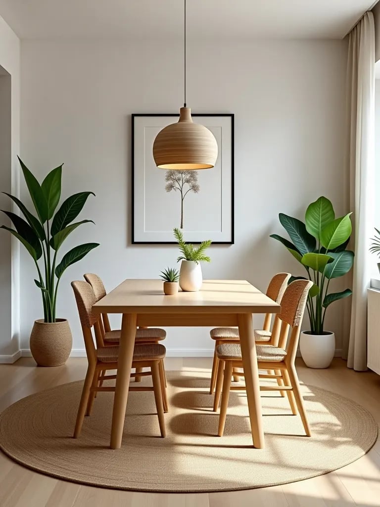 Minimalist dining room with impactful jute rug and white walls