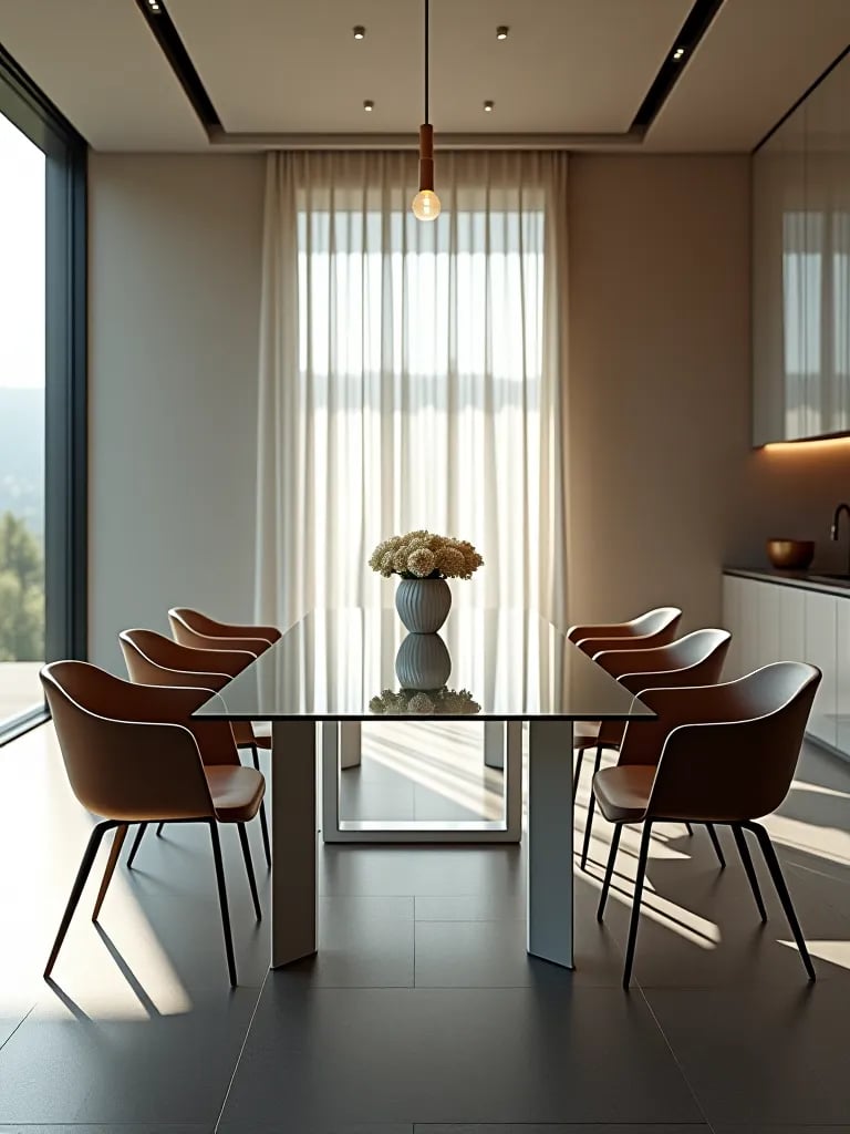 Minimalist dining room with modern sculptural chairs