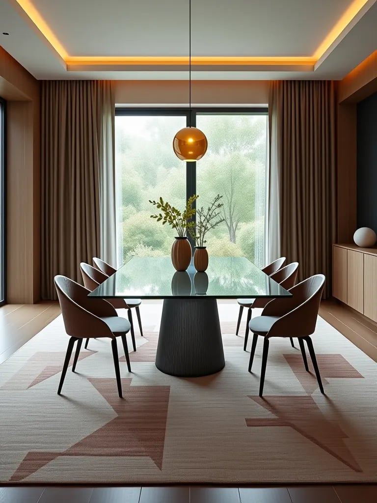 Minimalist dining space with large patterned area rug