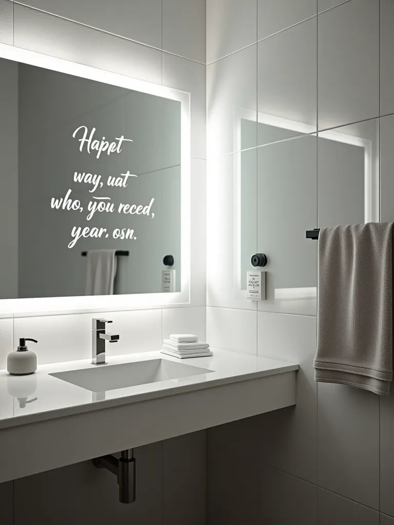 Modern bathroom with backlit mirror featuring inspirational quote