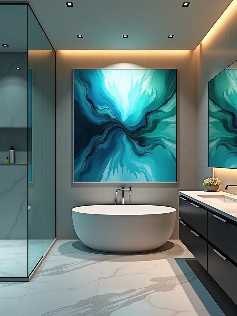 Modern bathroom with colorful waterproof abstract art