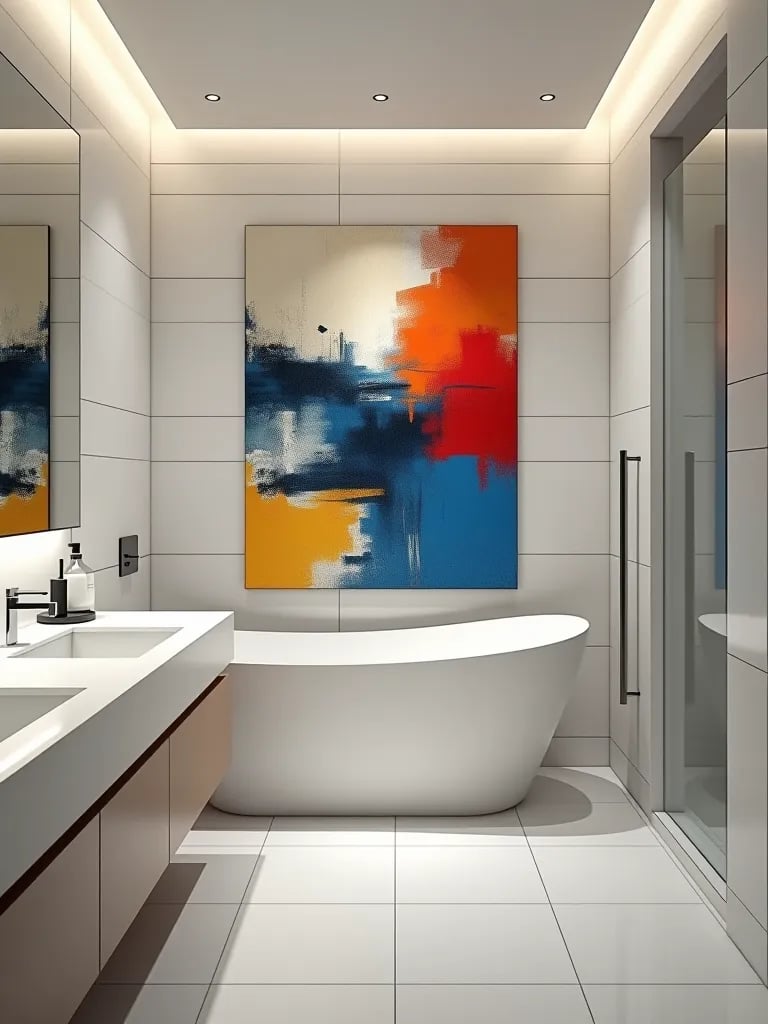 Modern bathroom with large abstract canvas art