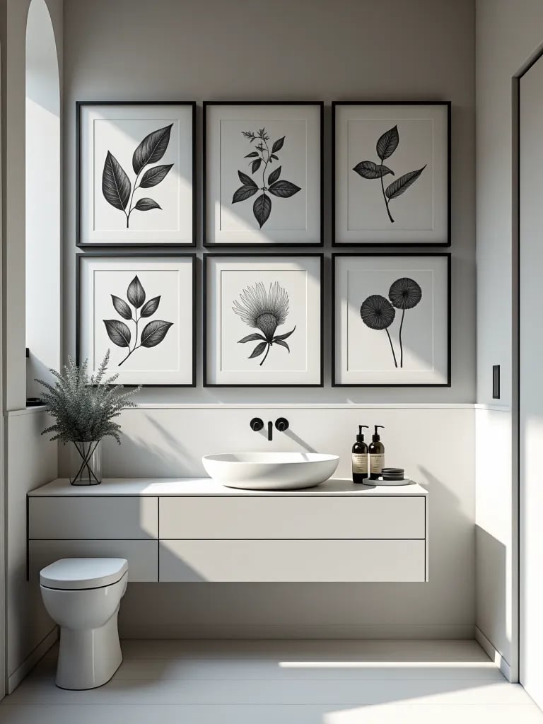 Modern bathroom with nature inspired gallery wall