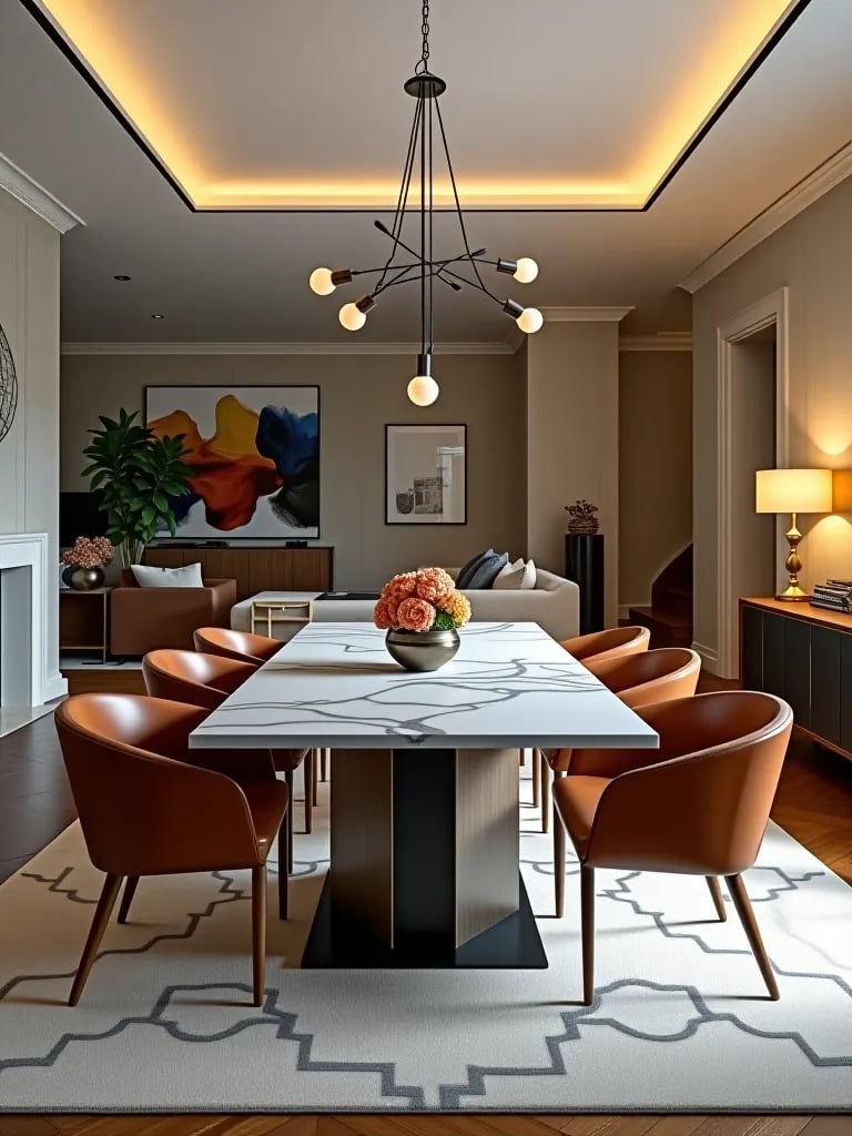 Modern dining area with geometric rug and stylish furniture