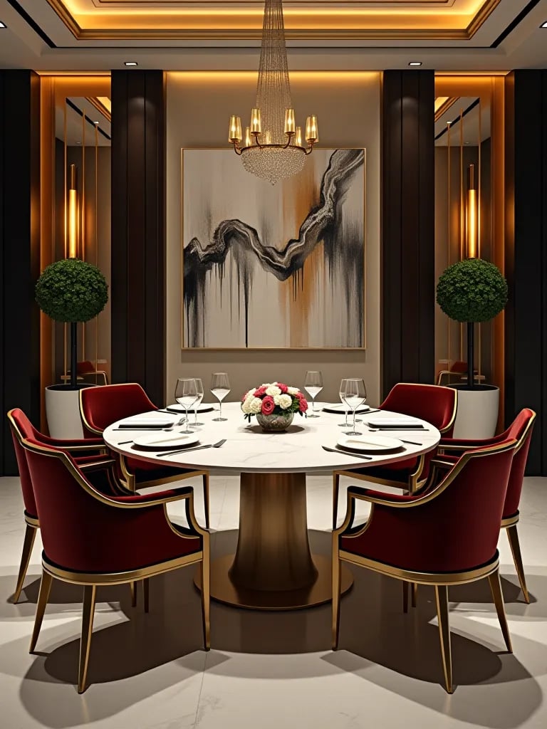 Modern dining room featuring large abstract artwork on feature wall