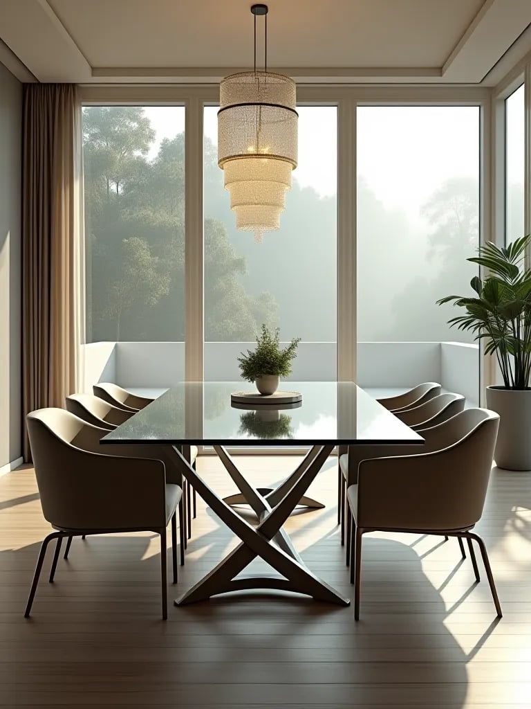 Modern dining room with minimalist furniture and large windows