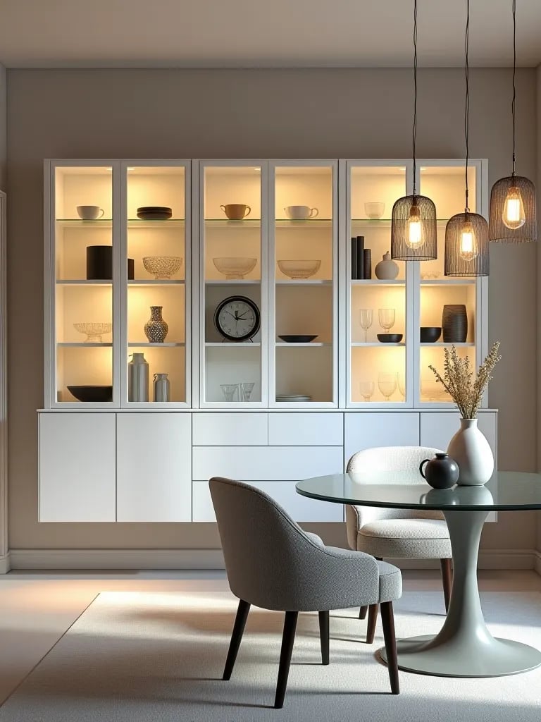 Modern dining room with white floating sideboard