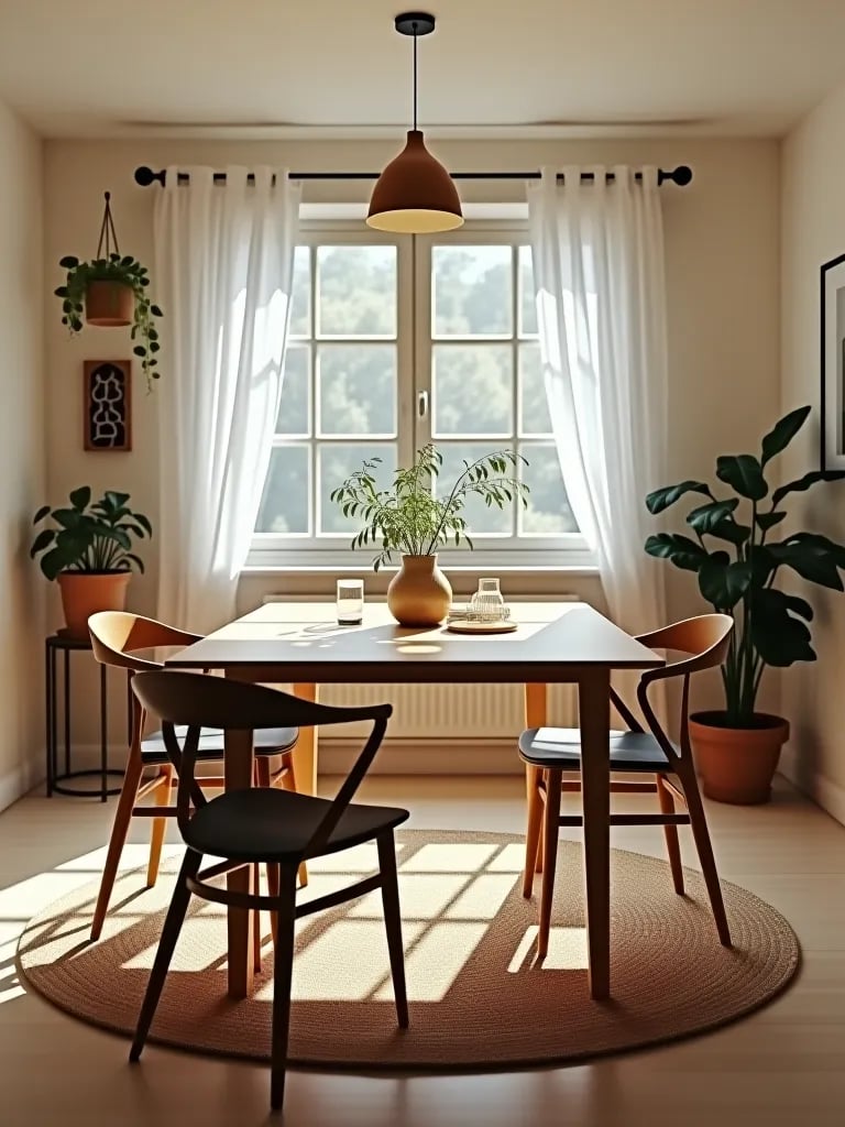 Modern dining room with wishbone chairs and hanging plants