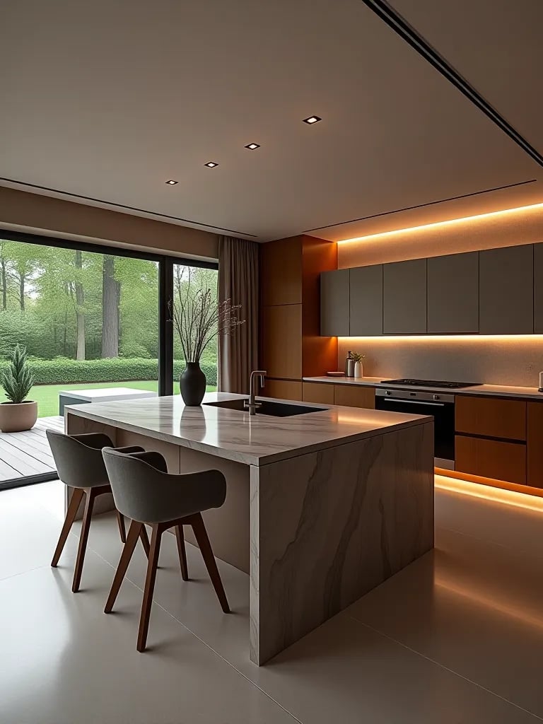 Modern dining set with geometric chairs near kitchen island