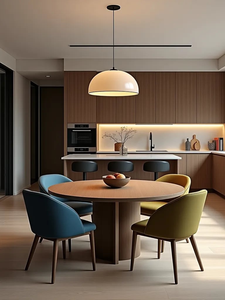 Modern dining set with wooden table and mixed material chairs