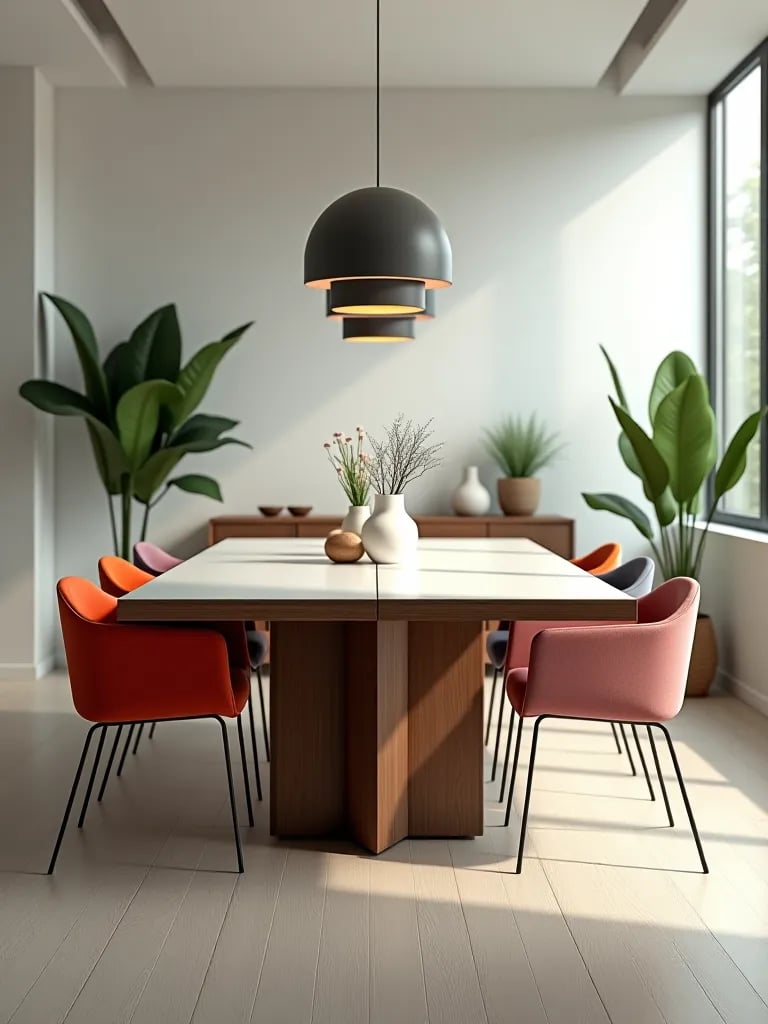 Modern extendable table with bright chairs in minimalist room