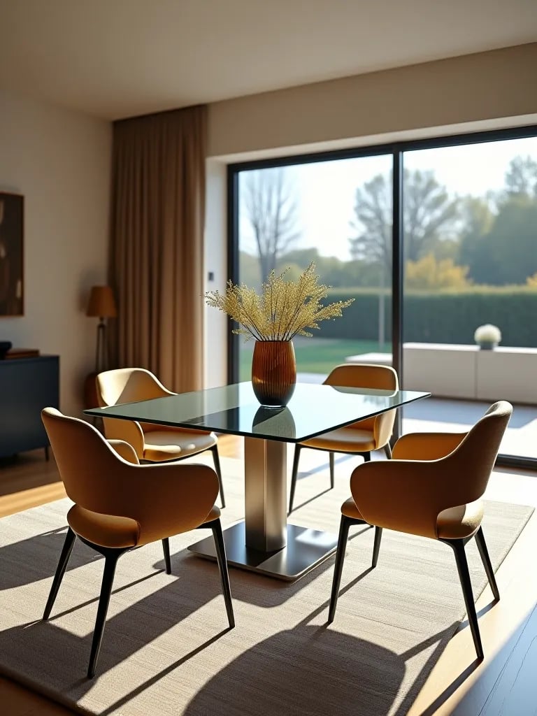 Modern glass dining table with chrome accents in open plan area