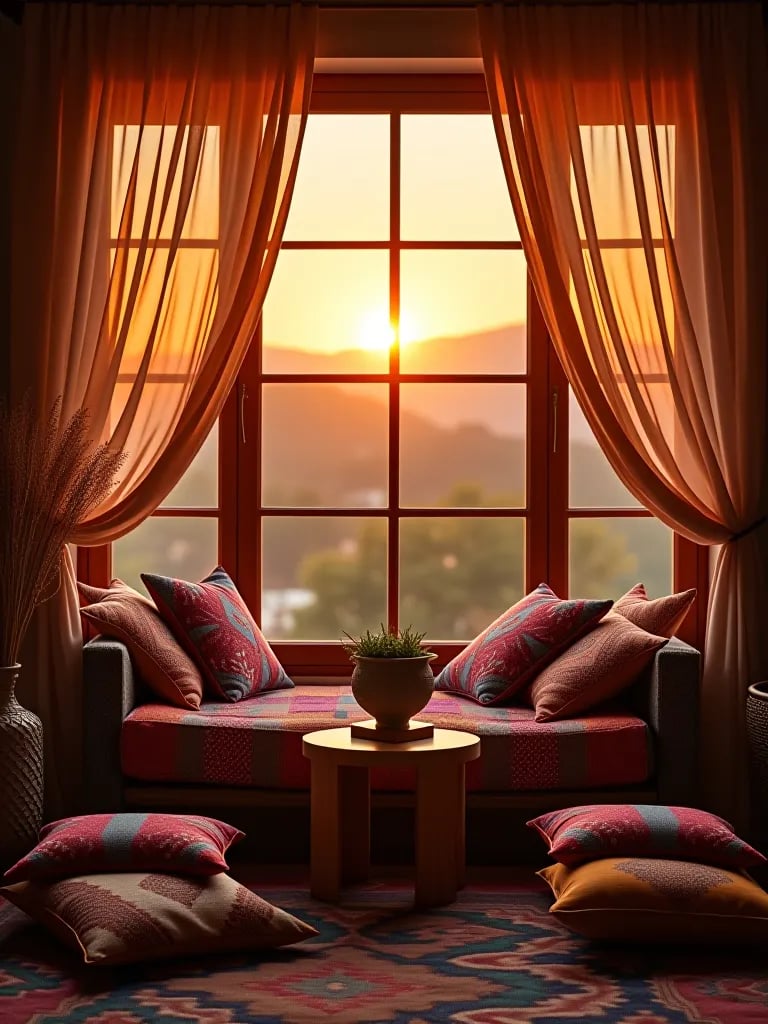 Moroccan inspired elements in boho bedroom corner