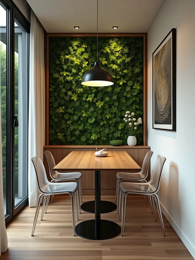 Narrow dining room with wall mounted drop leaf table