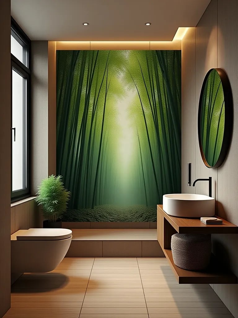 Nature inspired bathroom with water resistant bamboo print