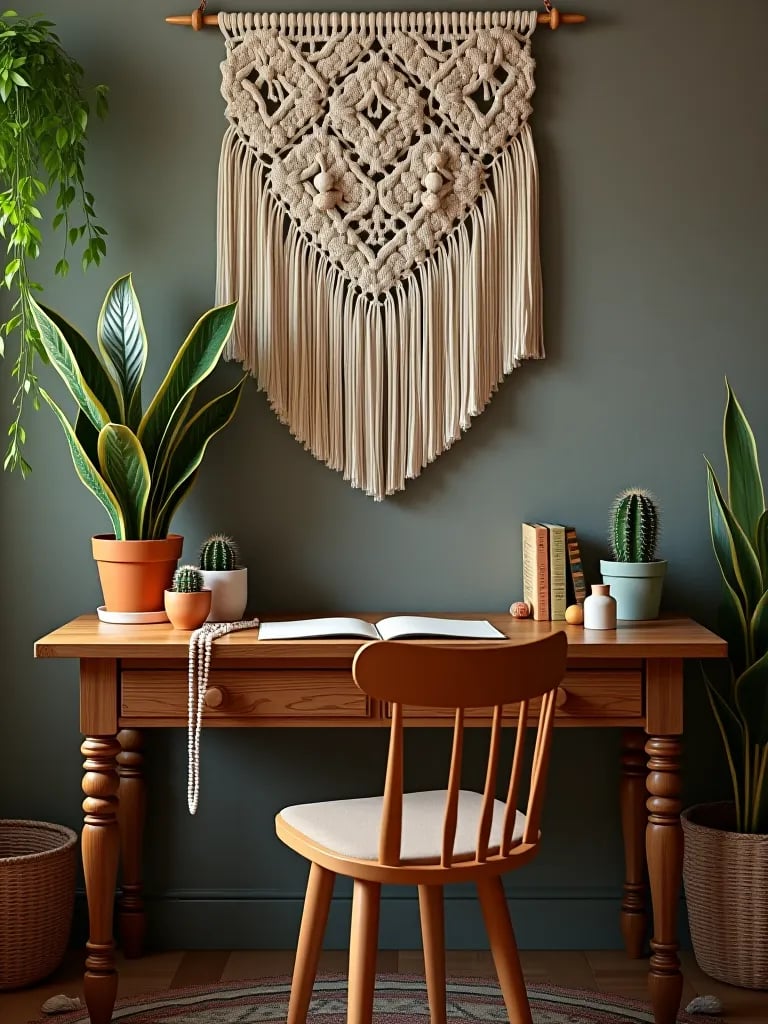 Nature inspired boho bedroom desk area