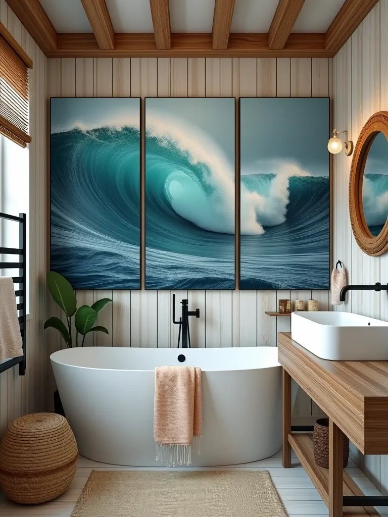 Nautical bathroom with humidity resistant crashing waves print