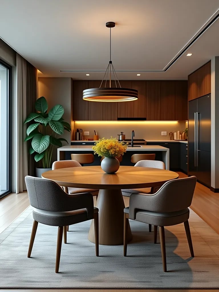 Open concept dining area with round table next to modern kitchen