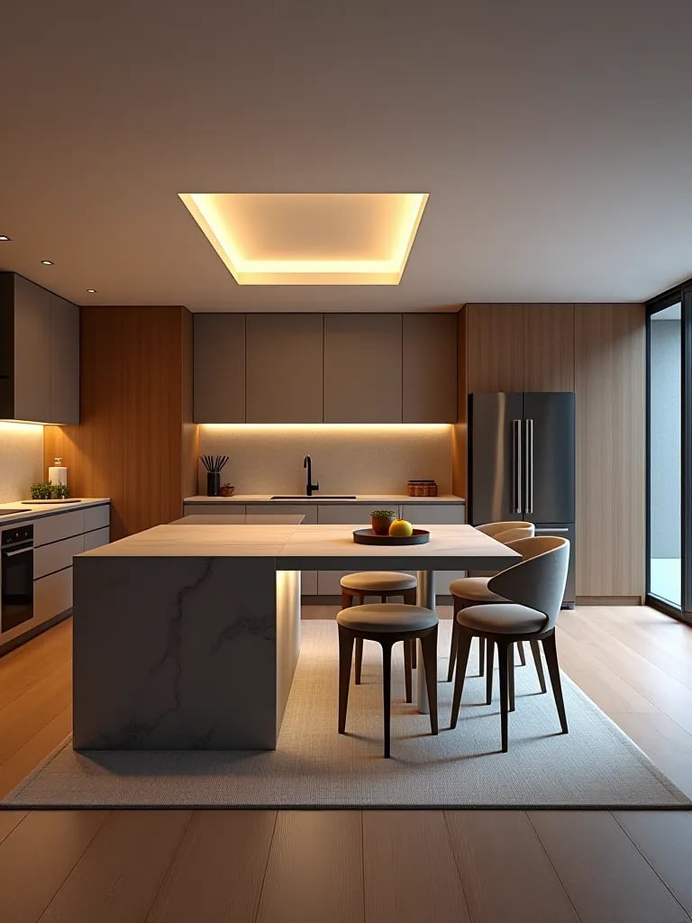 Open concept kitchen with matching bar stools and dining chairs