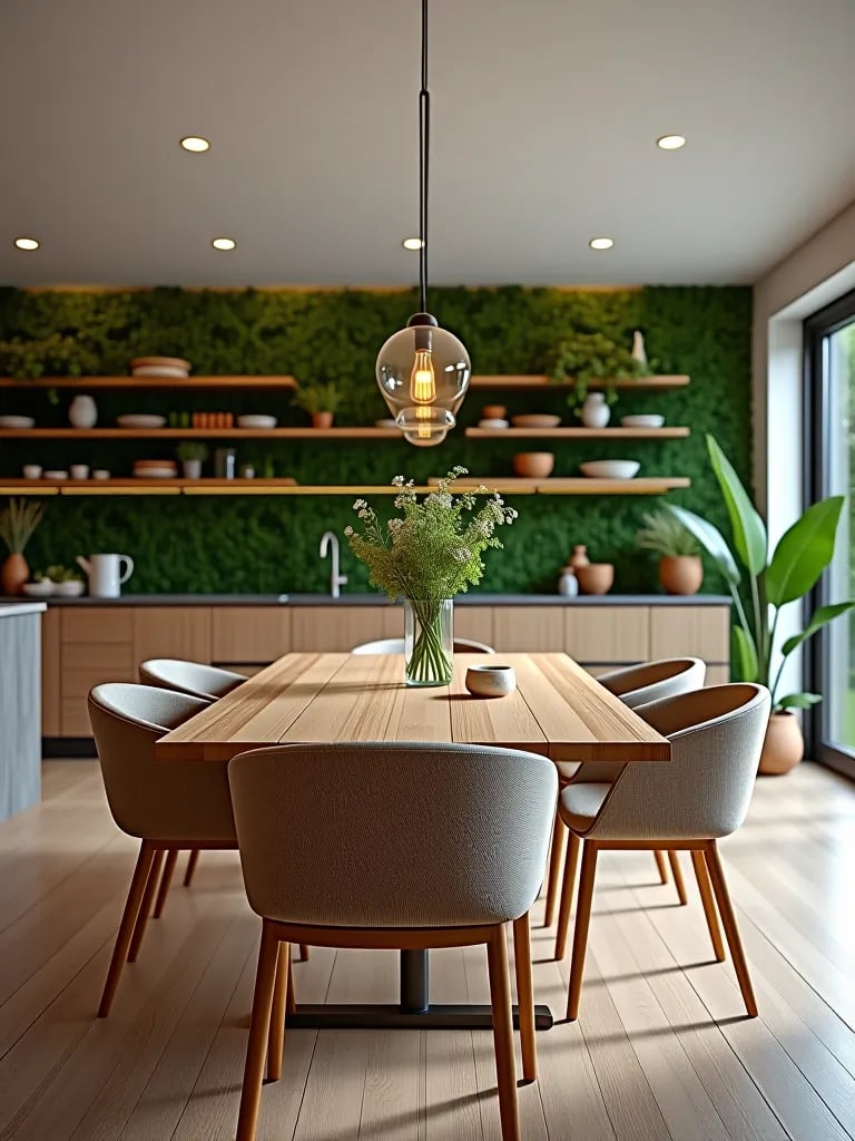 Open plan eco friendly dining area with living wall