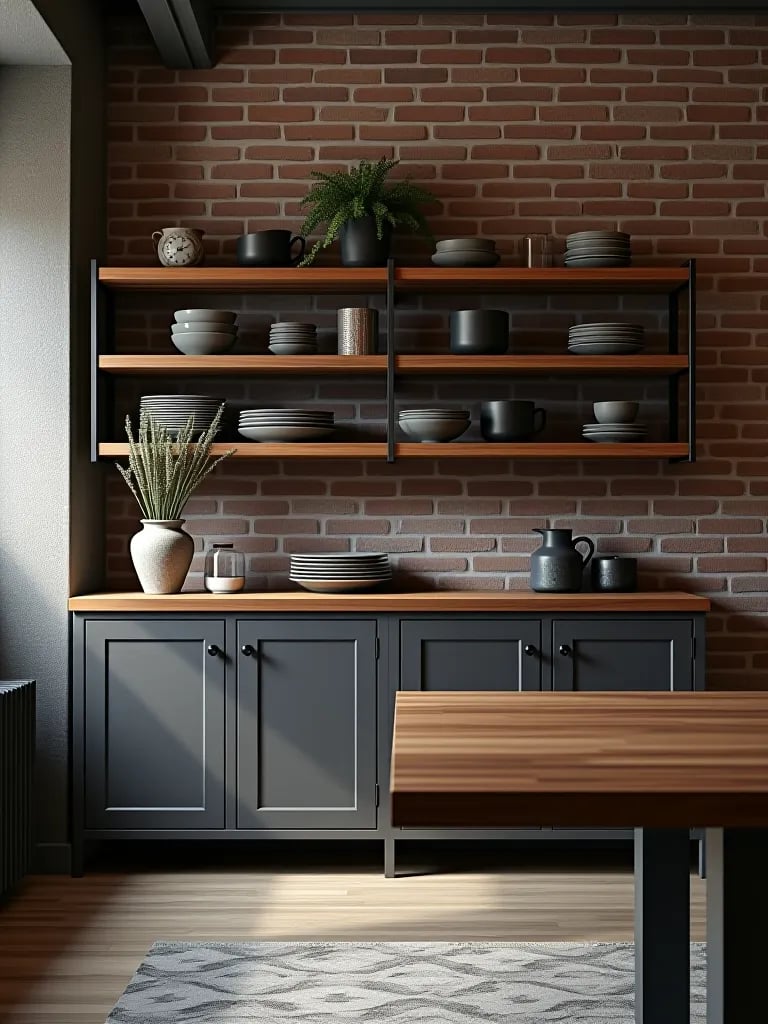 Open shelving sideboard in modern industrial dining room