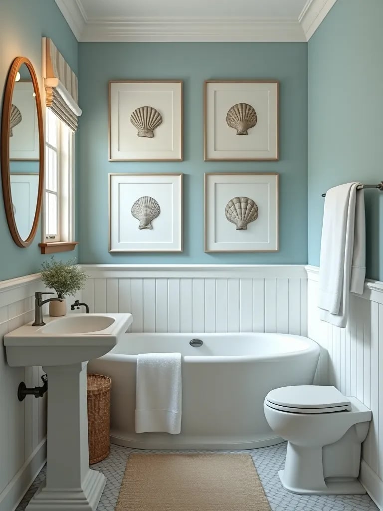 Pale blue walls in coastal bathroom with art prints