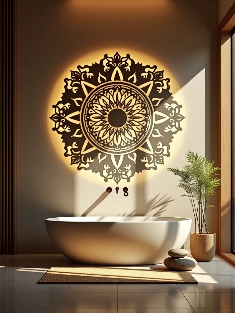 Peaceful bathroom with backlit mandala and bamboo