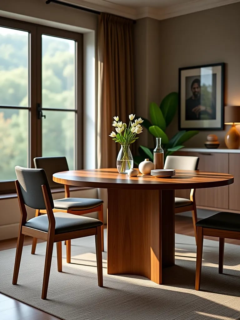 Pedestal based round table with mid century chairs by large windows