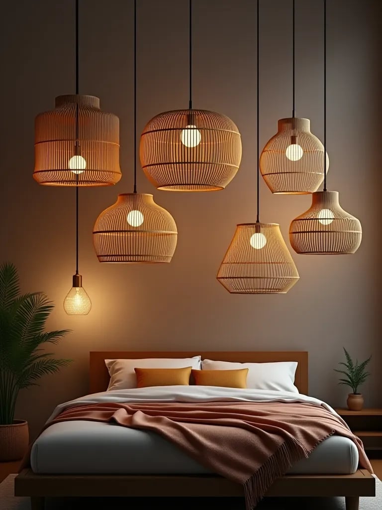 Pendant lights at different heights in boho bedroom