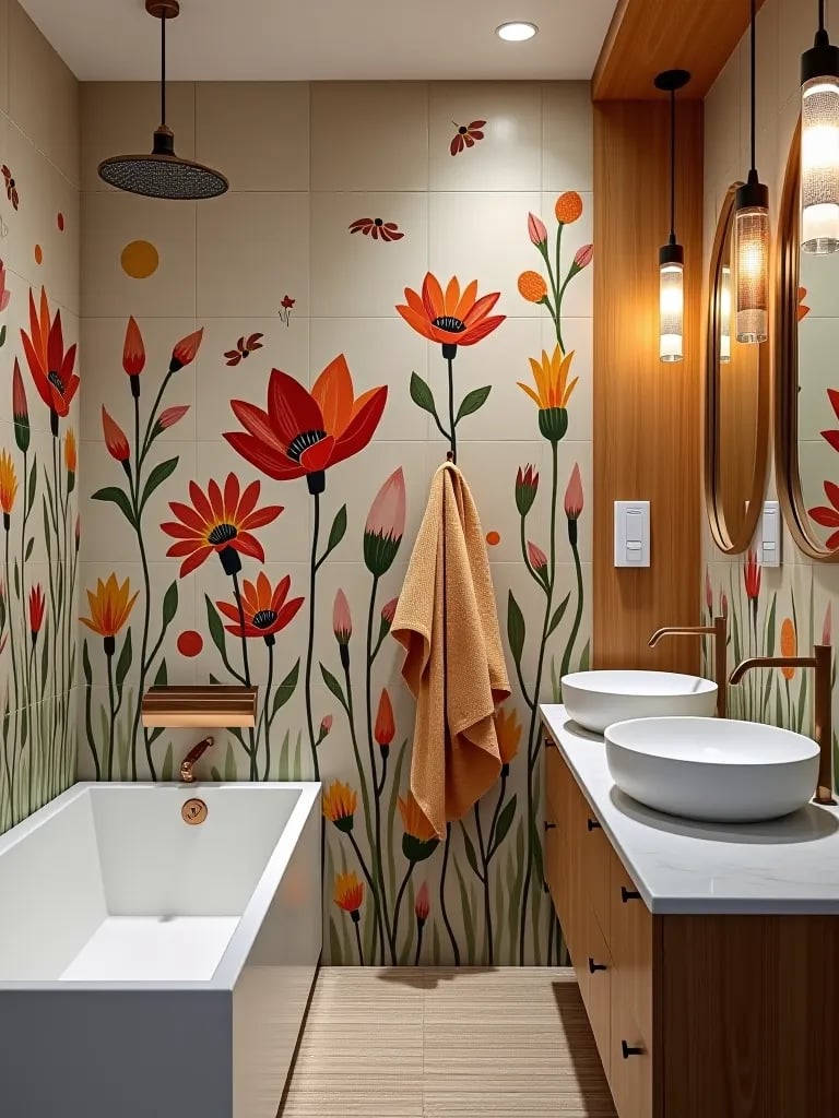 Personality filled bathroom with abstract tile art