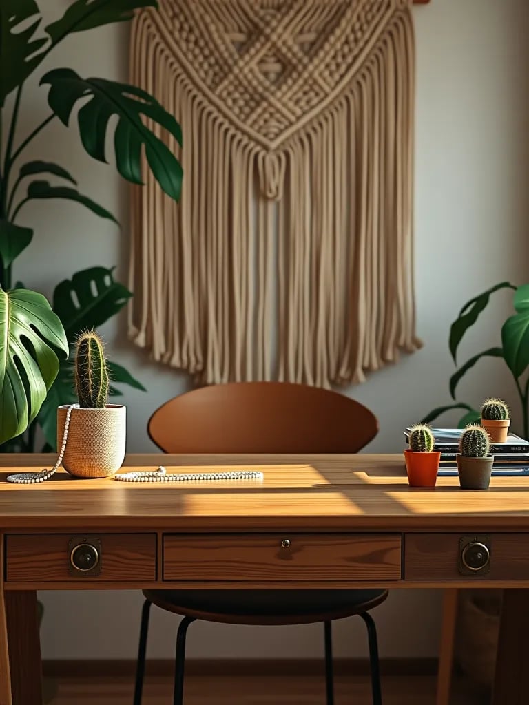 Plant filled boho home office in bedroom