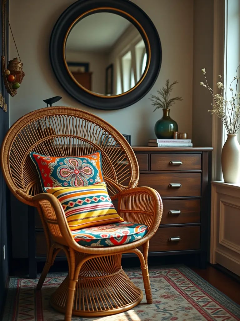 Rattan peacock chair with colorful pillows in boho bedroom