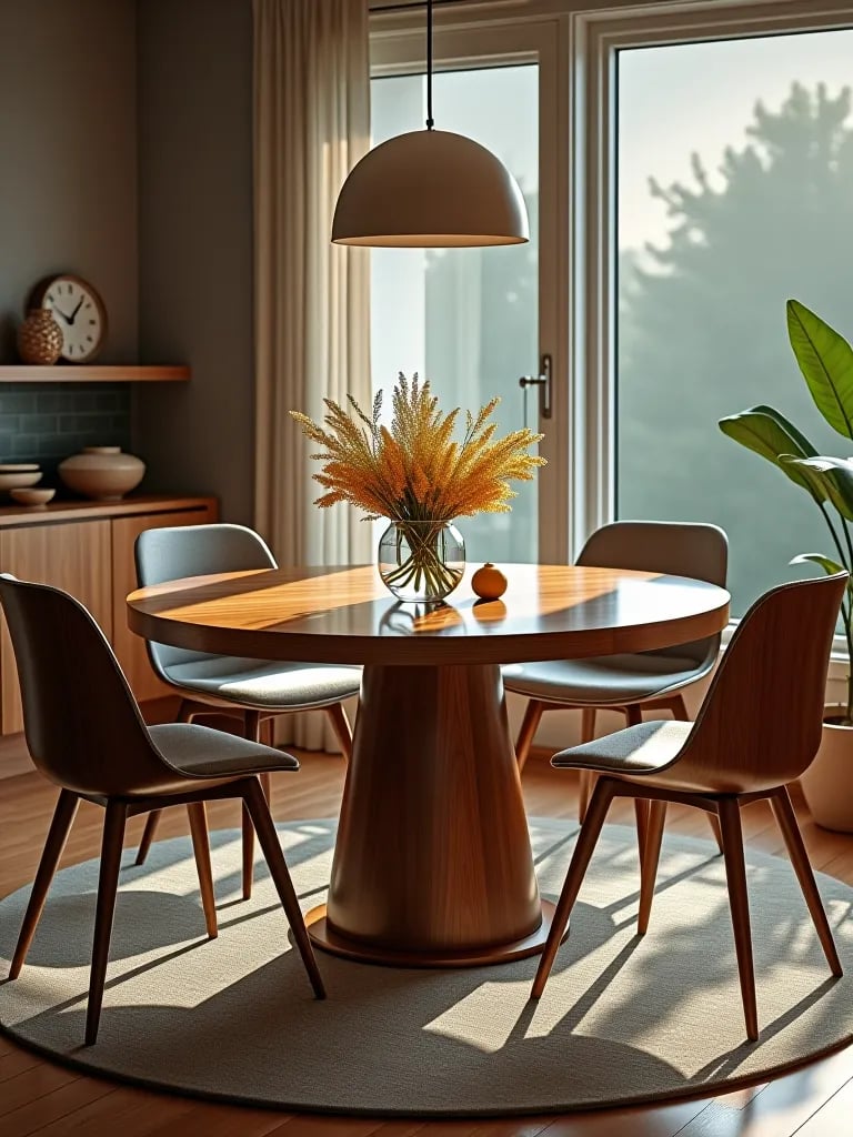 Round walnut dining table in cozy contemporary nook with windows