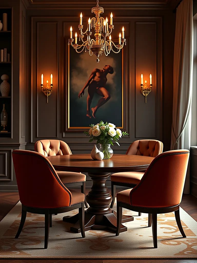 Round wooden table with colorful modern chairs