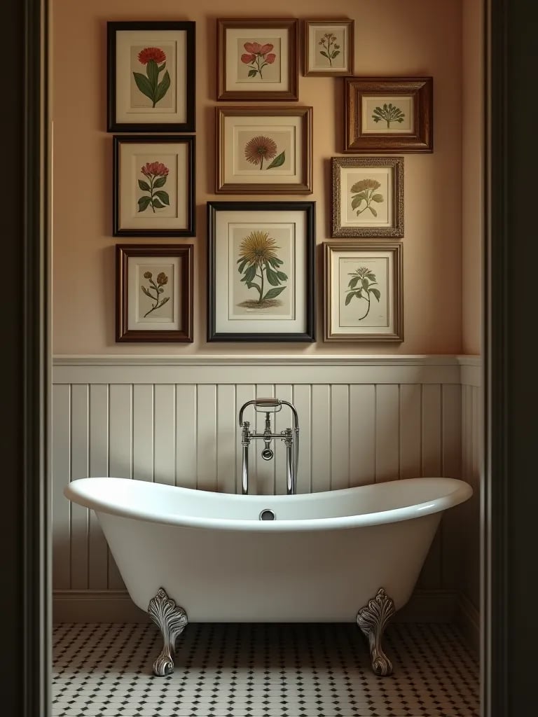 Rustic bathroom with gallery wall of botanical prints
