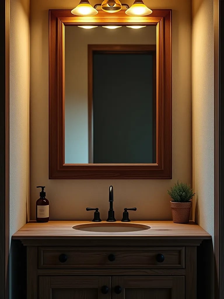 Rustic bathroom with large reclaimed wood framed mirror