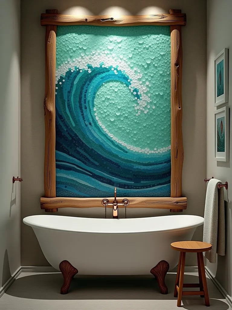 Rustic driftwood frame with sea glass mosaic wave pattern
