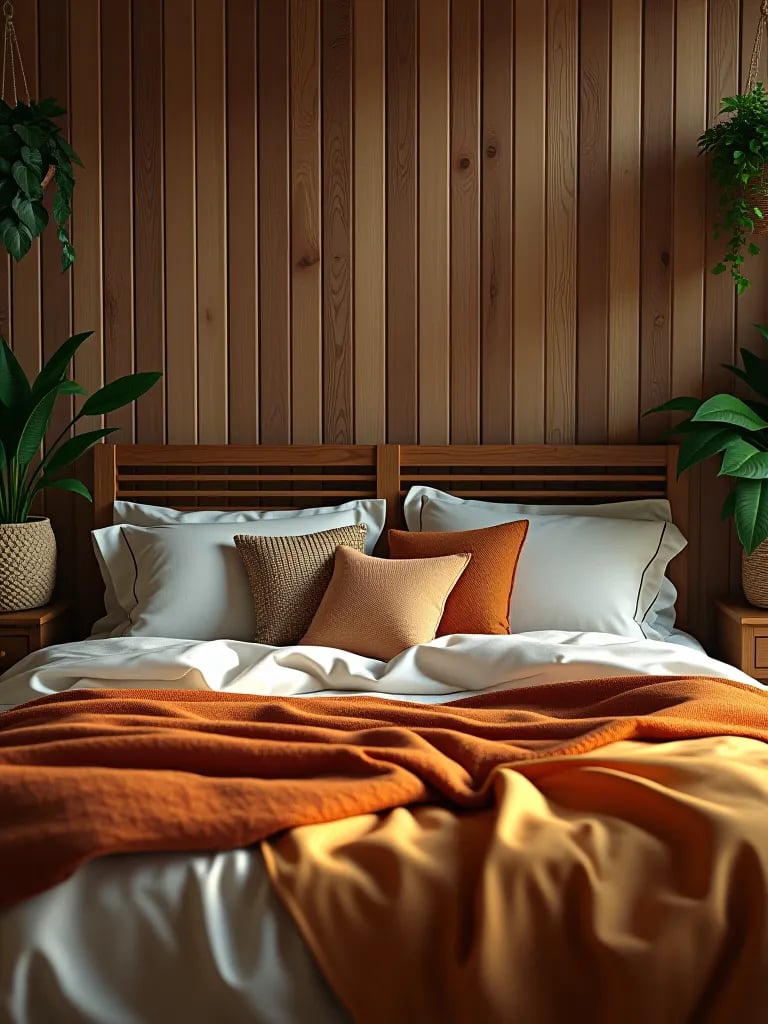 Rustic wooden headboard in boho bedroom