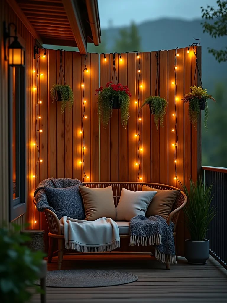 Rustic woven willow privacy screen on deck