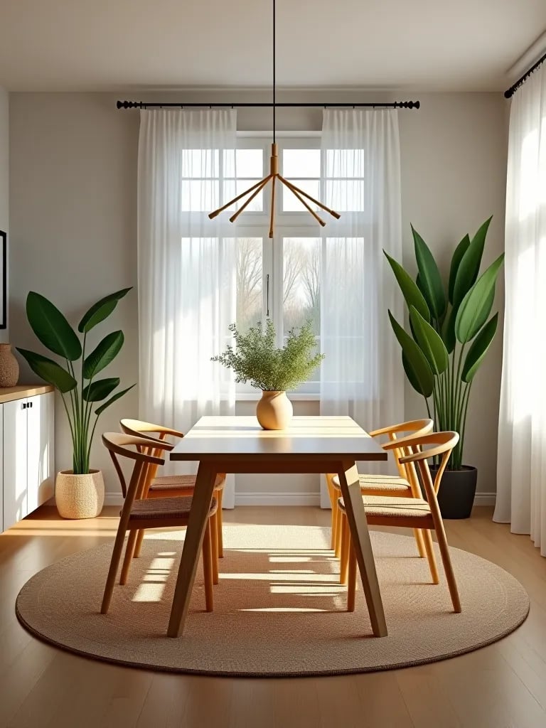 Scandinavian dining room with light wood table and area rug