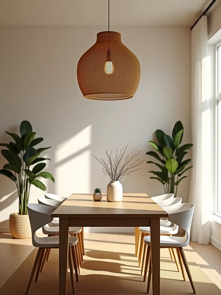 Scandinavian dining room with rattan pendant light