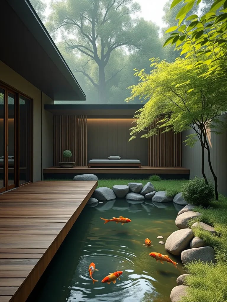 Scandinavian inspired deck with fire pit