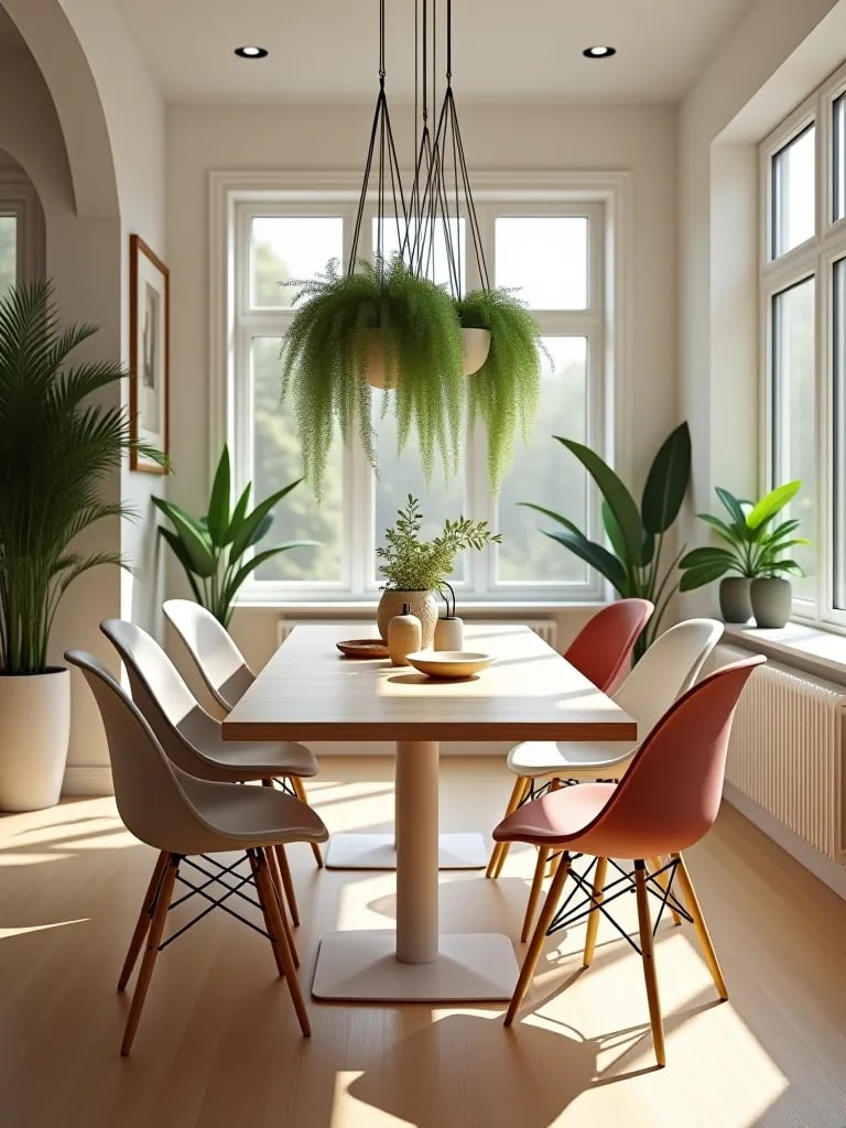 Scandinavian style dining room with mixed pastel chairs
