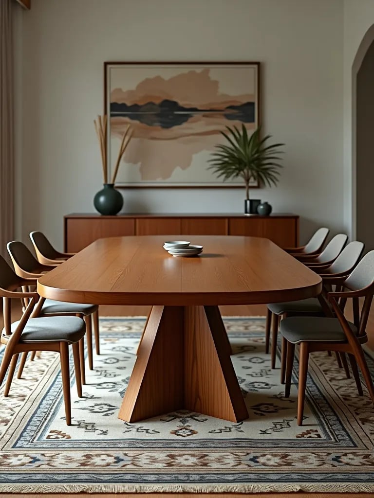 Sculptural wooden dining table with abstract wall art background