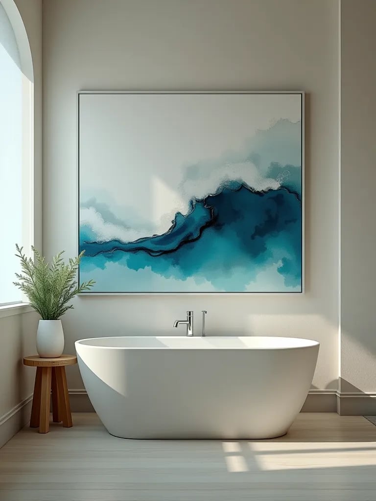 Serene bathroom with ocean inspired wall art